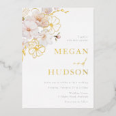 Goud & Blush Wildbloemen Bruiloft Gouden Folie Uitnodiging (Voorkant)