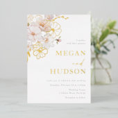 Goud & Blush Wildbloemen Bruiloft Gouden Folie Uitnodiging (Staand Voorkant)