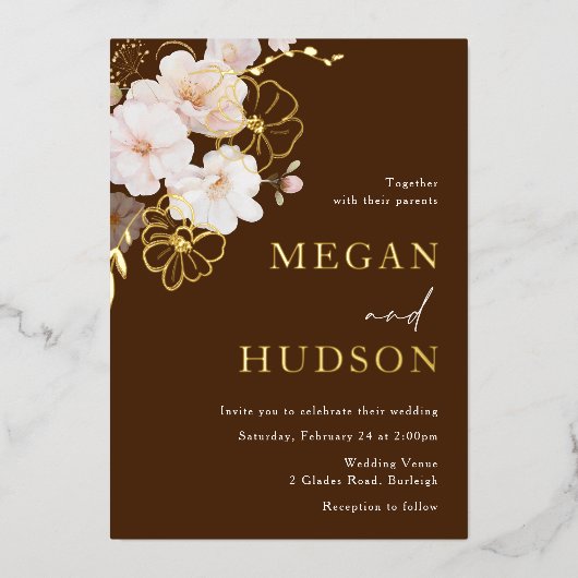 Goud & Blush Wildbloemen Bruiloft Gouden Folie Uitnodiging (Voorkant)