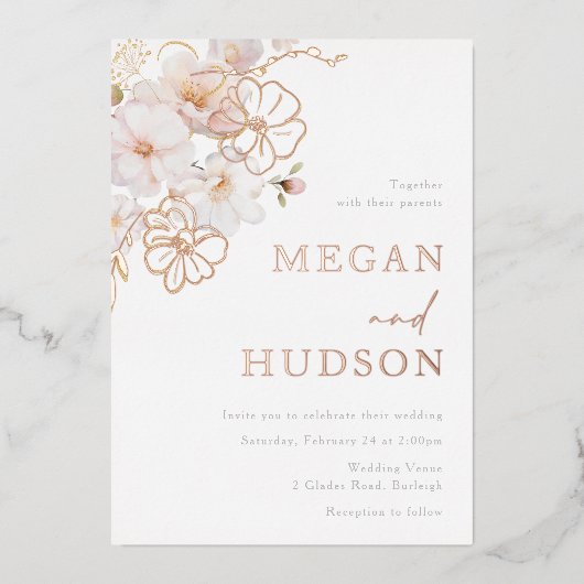 Goud & Blush Wildbloemen Bruiloft Roos Goud Folie Uitnodiging (Voorkant)