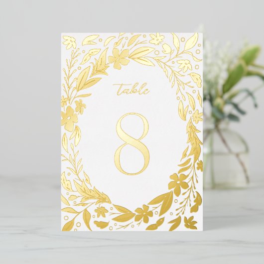 Goud Boho florale grens Tuinetabelnummers Folie Uitnodiging (Staand Voorkant)