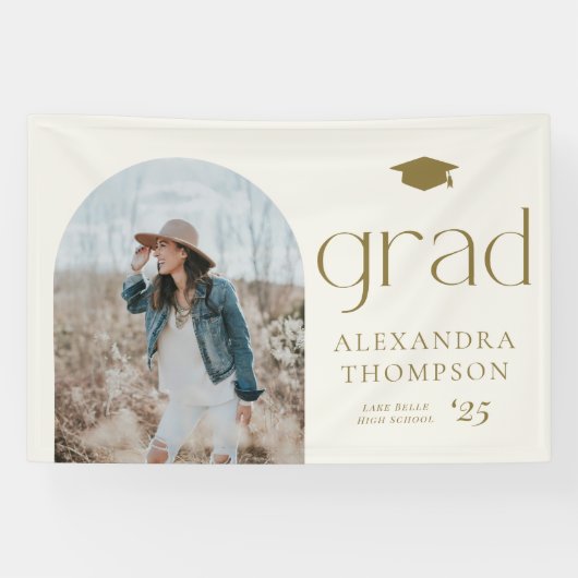 Goud Boho Minimalistische Boog Foto Afstuderen Spandoek (Horizontaal)