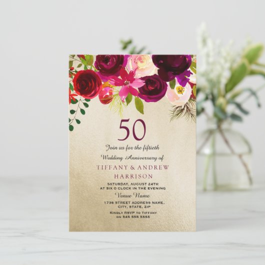 Goud & Bordeaux Bloem 50ste Huwelijksverjaardag Kaart (Staand voorkant)