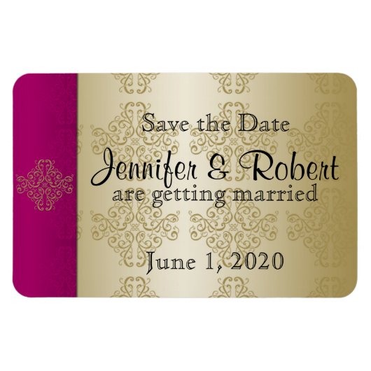 Goud Bordeaux Damask Posh Bruiloft Save the Date Magneet (Horizontaal)