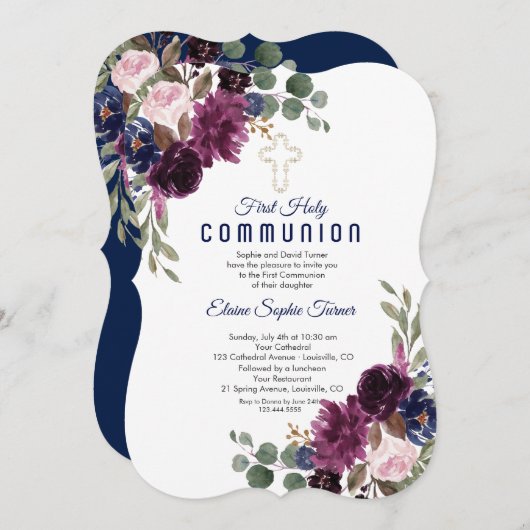 Goud Bordeaux Witte Rozen Eerste Heilige Communie Kaart (Voorkant / Achterkant)