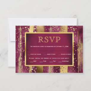 Goud, bordeauxrode streken, confetti bruiloft RSVP Kaartje