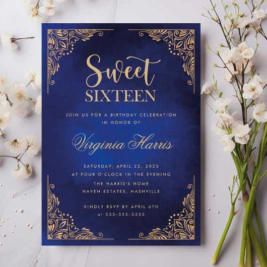 Goud  Border Blauw Sweet Sixteen 16 Verjaardag Kaart