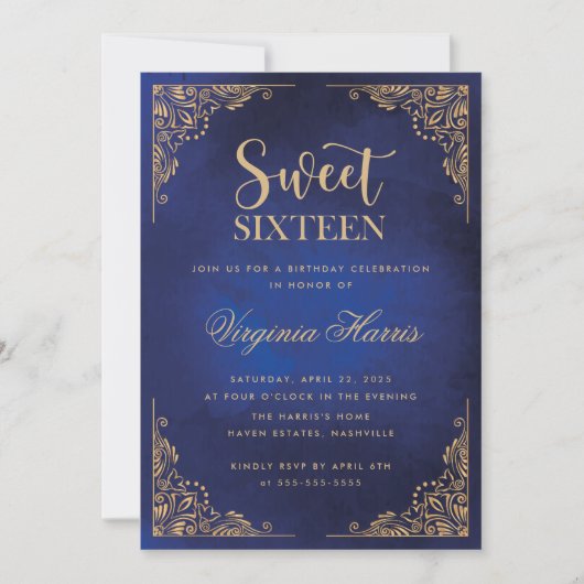 Goud  Border Blauw Sweet Sixteen 16 Verjaardag Kaart (Voorkant)
