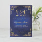 Goud  Border Blauw Sweet Sixteen 16 Verjaardag Kaart (Staand voorkant)