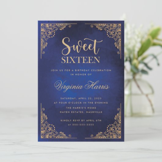 Goud  Border Blauw Sweet Sixteen 16 Verjaardag Kaart (Staand voorkant)