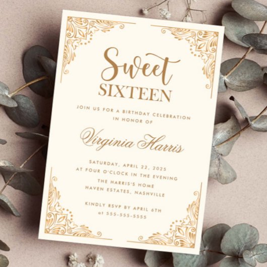 Goud Border Cream Sweet Sixteen 16 Verjaardag Kaart