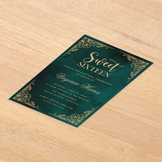 Goud  Border Groen Zoet Zestien 16 Verjaardag Acryl Uitnodigingen (Laagn)
