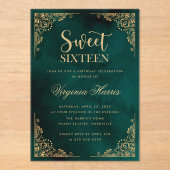 Goud  Border Groen Zoet Zestien 16 Verjaardag Acryl Uitnodigingen (Voorkant)