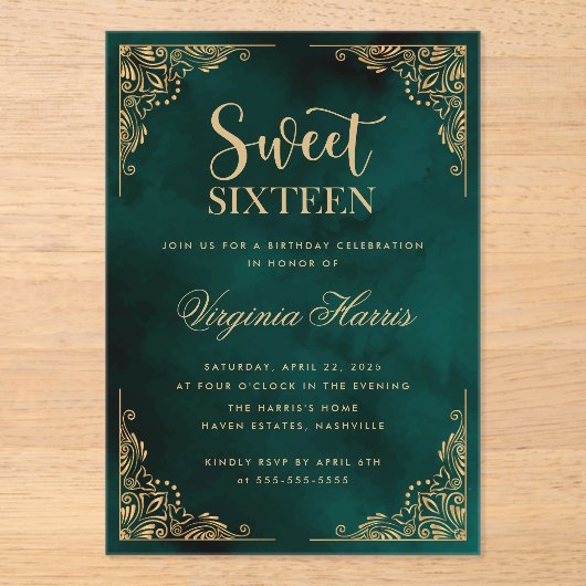Goud  Border Groen Zoet Zestien 16 Verjaardag Acryl Uitnodigingen (Voorkant)