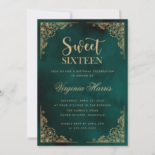 Goud Border Groen Zoet Zestien 16 Verjaardag Kaart (Voorkant)