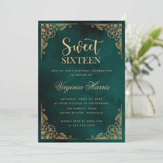 Goud Border Groen Zoet Zestien 16 Verjaardag Kaart (Staand voorkant)