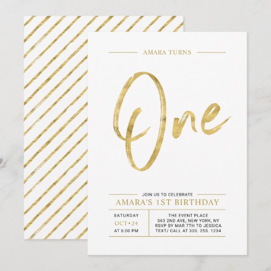 Goud | Borstel belettering een 1e verjaardagsfeest Kaart (Voorkant / Achterkant)