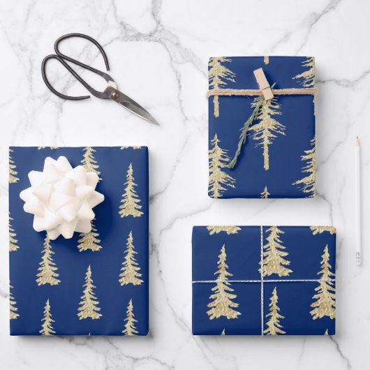 Goud bos met bomen op marineblauw inpakpapier vel (Voorkant)