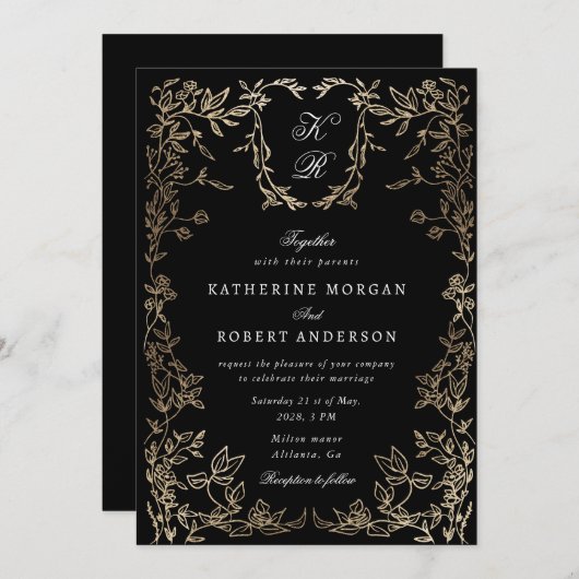 Goud botanisch monogram kaart (Voorkant / Achterkant)