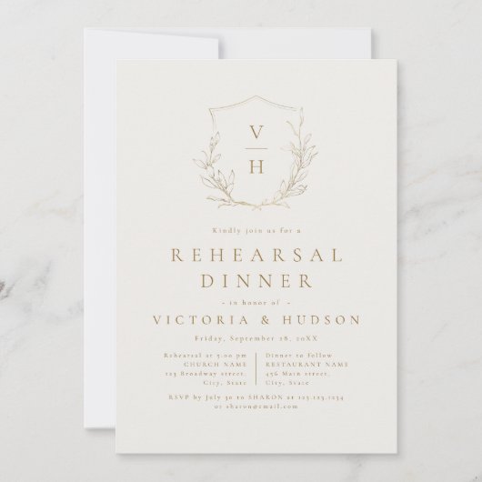 Goud botanisch monogram repetitief diner kaart (Voorkant)