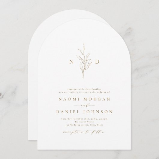 Goud, botanisch monogram rustige bruiloft kaart (Voorkant / Achterkant)