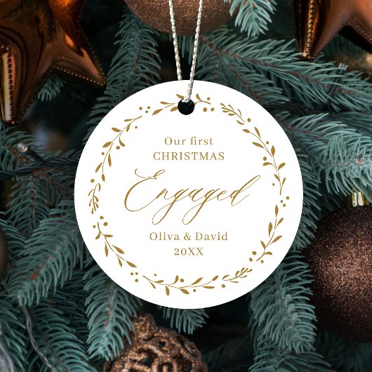 Goud Botanische Onze Eerste Kerst Verloving Metalen Ornament