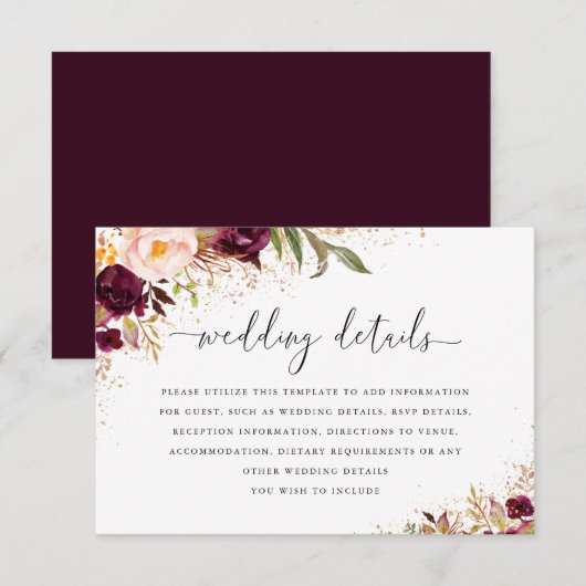 Goud Bourgogne Bloemen Bruiloft Details Kaart (Voorkant / Achterkant)