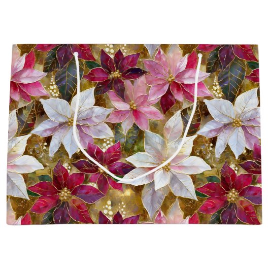 Goud Bourgogne Brons Roze Rood Wit Poinsettia Groot Cadeauzakje (Voorkant)