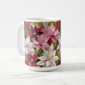 Goud Bourgogne Brons Roze Rood Wit Poinsettia Koffiemok (Voorkant links)