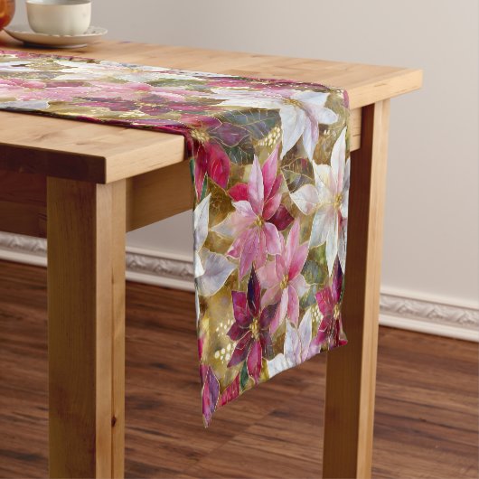 Goud Bourgogne Brons Roze Rood Wit Poinsettia Korte Tafelloper (Voorbeeld)