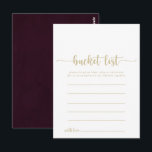 Goud Bourgogne Eenvoudige Bucket List Kaarten<br><div class="desc">Deze gouden bordeaux eenvoudige emmerlijst kaarten zijn de perfecte activiteit voor een eenvoudige bruiloft receptie of vrijgezellenfeest. Het eenvoudige en elegante ontwerp is voorzien van klassieke en fancy scripttypografie in een witte en kastanjebruine achtergrond. Verander de formulering om aan te passen aan elke levensevenement. Bucket list teken wordt apart verkocht....</div>