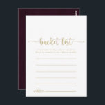 Goud Bourgogne Eenvoudige Bucket List Kaarten<br><div class="desc">Deze gouden bordeaux eenvoudige emmerlijst kaarten zijn de perfecte activiteit voor een eenvoudige bruiloft receptie of vrijgezellenfeest. Het eenvoudige en elegante ontwerp is voorzien van klassieke en fancy scripttypografie in een witte en kastanjebruine achtergrond. Verander de formulering om aan te passen aan elke levensevenement. Bucket list teken wordt apart verkocht....</div>