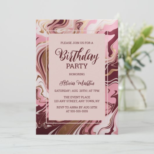 Goud Bourgogne Marmer Fluid Roze Verjaardagsfeest Kaart (Staand voorkant)