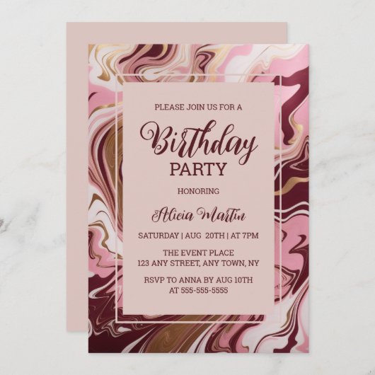 Goud Bourgogne Marmer Fluid Roze Verjaardagsfeest Kaart (Voorkant / Achterkant)