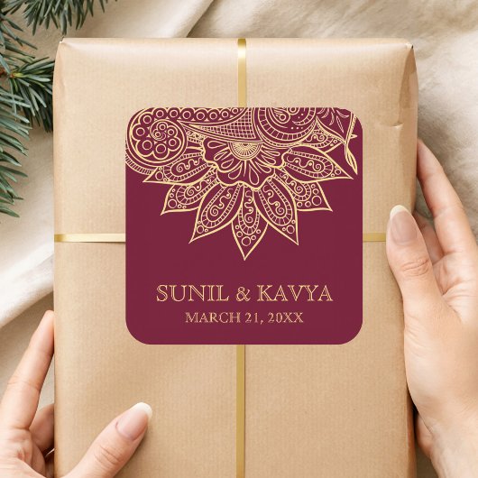 Goud Bourgogne Mehendi Henna Indiase bruiloft guns Vierkante Sticker