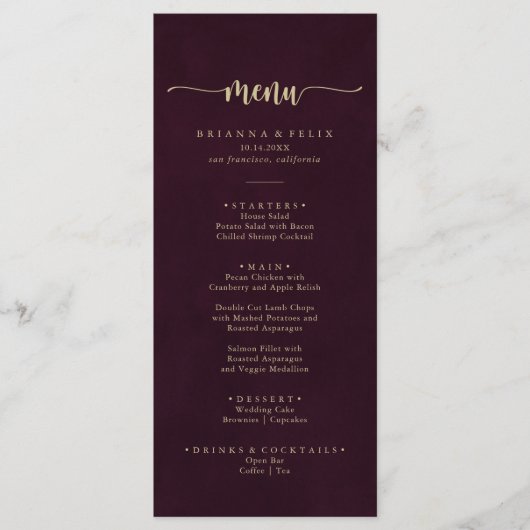 Goud Bourgogne Minimalistische kalligrafie Diner M Menu (Voorkant)