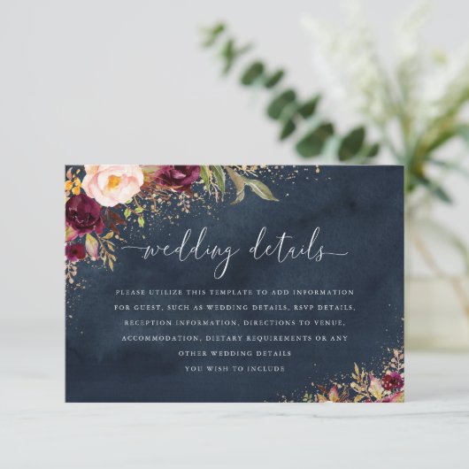 Goud Bourgogne Navy Bloemen bruiloft Details Kaart (Staand voorkant)