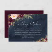 Goud Bourgogne Navy Bloemen bruiloft Details Kaart (Voorkant / Achterkant)