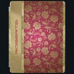 Goud & Bourgogne Rode Bloemen Damasks iPad Cover<br><div class="desc">Elegante monogram gouden en bordeaux rode bloemdamast met metallic gouden accenten.</div>