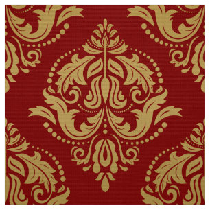 Goud & Bourgogne Rood  Bloemen Damasks Stof