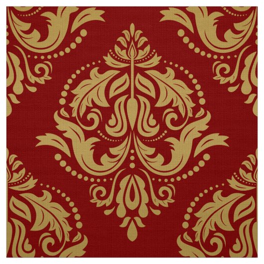 Goud & Bourgogne Rood Bloemen Damasks Stof (Swatch)
