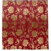 Goud & Bourgogne Rood Bloemen Damast Patroon Douchegordijn (Voorkant)