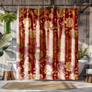 Goud & Bourgogne Rood Bloemen Damast Patroon Douchegordijn