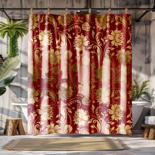 Goud & Bourgogne Rood Bloemen Damast Patroon Douchegordijn