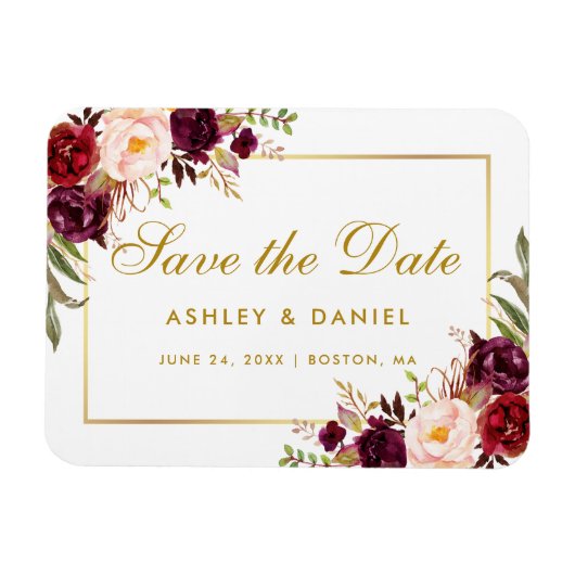 Goud Bourgogne Waterverf Floral Save The Date Magneet (Horizontaal)