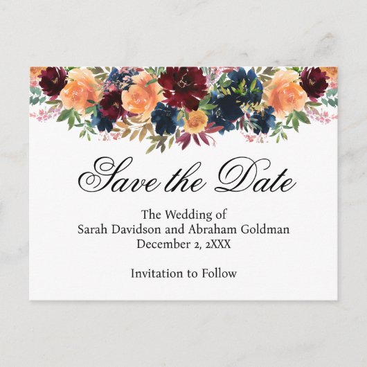 Goud Bourgogne Wijn Navy Blauw Save the Date Briefkaart (Voorkant)