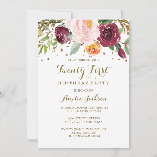 Goud Bourgondië Bloem Glitter 21e Verjaardagsfeest Kaart (Voorkant)