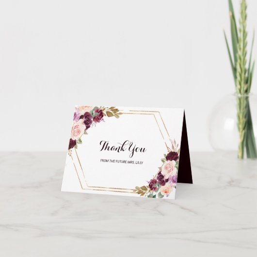 Goud Bourgondië Bloemachtige Bruiloftsdankjewel Bedankkaart (Voorkant)