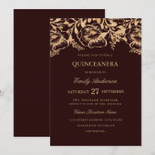 Goud Bourgondië Bloemen Quinceanera Invite Kaart (Voorkant / Achterkant)