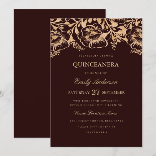 Goud Bourgondië Bloemen Quinceanera Invite Kaart (Voorkant / Achterkant)